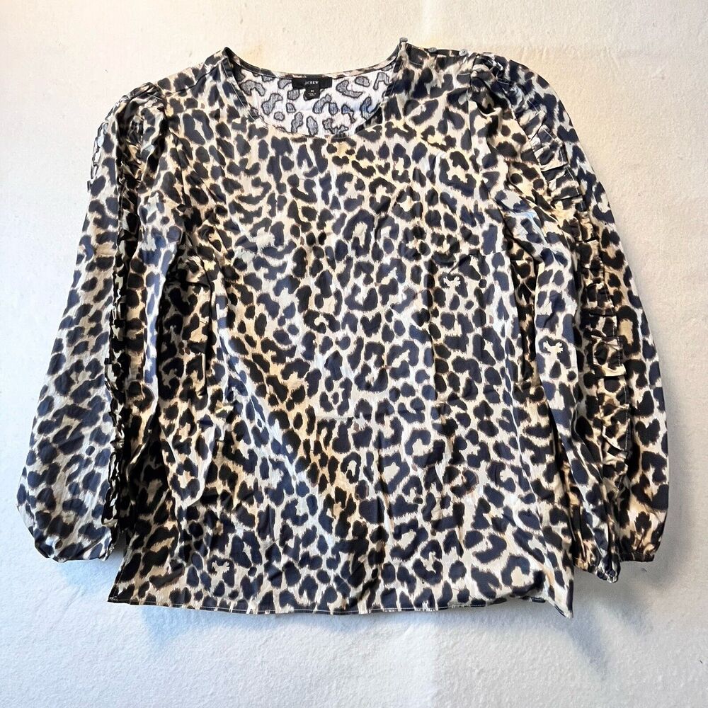 J. Crew Women Leopard Print Puff Ruffle Long Sleeve Top Blouse Sz Med Mob Wife
